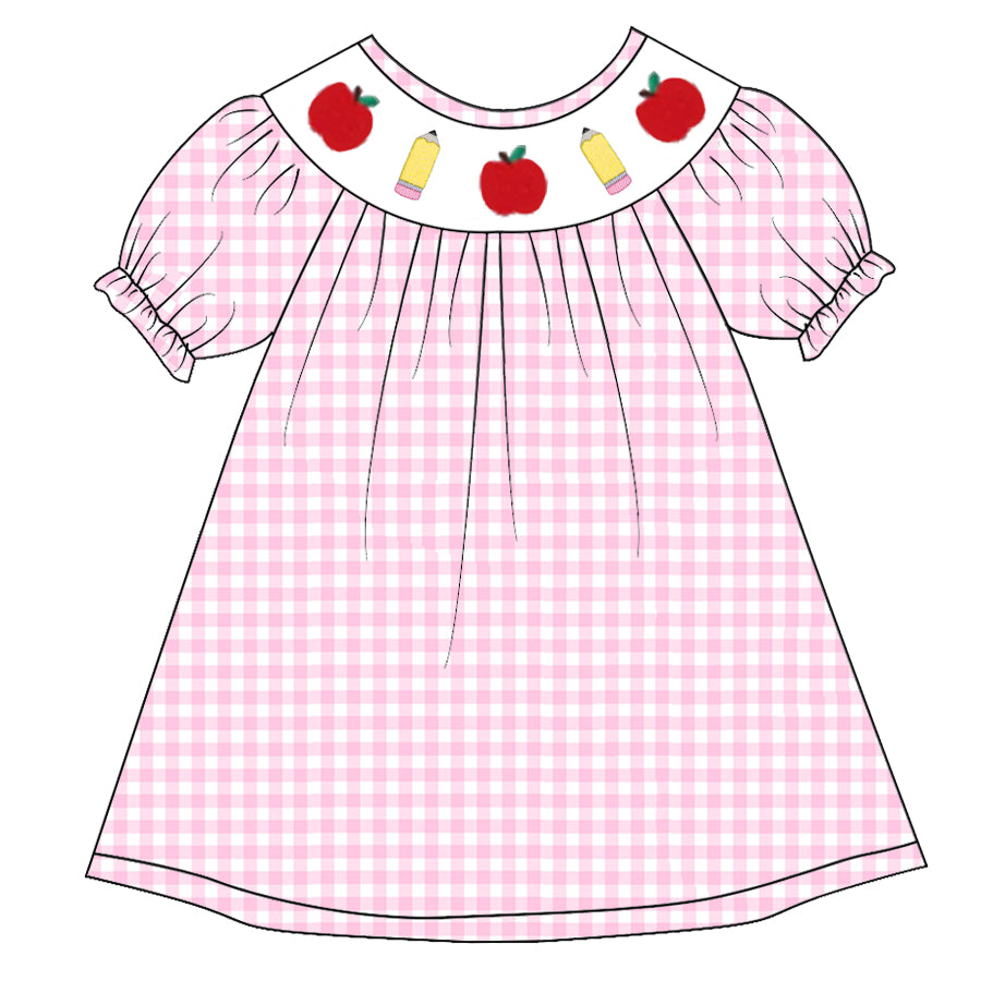 （Pre Order）Girls Pink Plaid Back To School Embroidery Smocked Dress