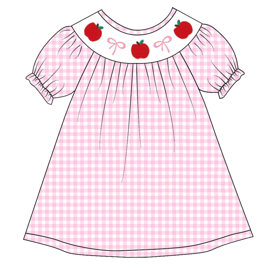 （Pre Order）Girls Pink Plaid Back To School Embroidery Smocked Dress