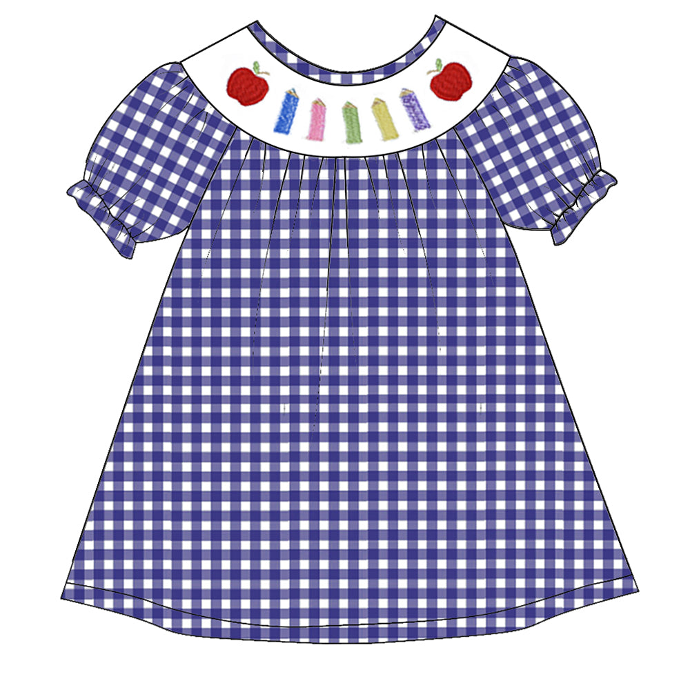 （Pre Order）Girls Blue Plaid Back To School Embroidery Smocked Dress