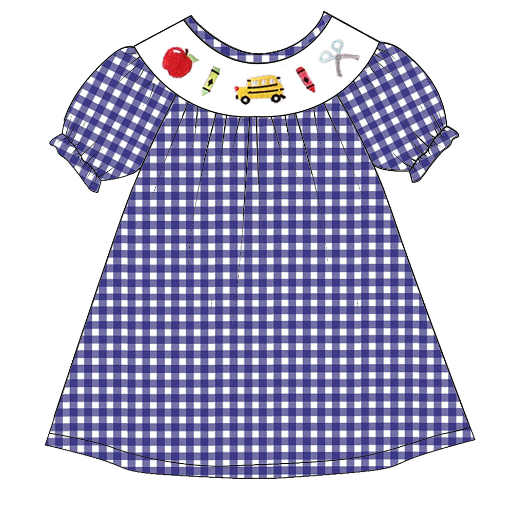 （Pre Order）Girls Blue Plaid Back To School Embroidery Smocked Dress