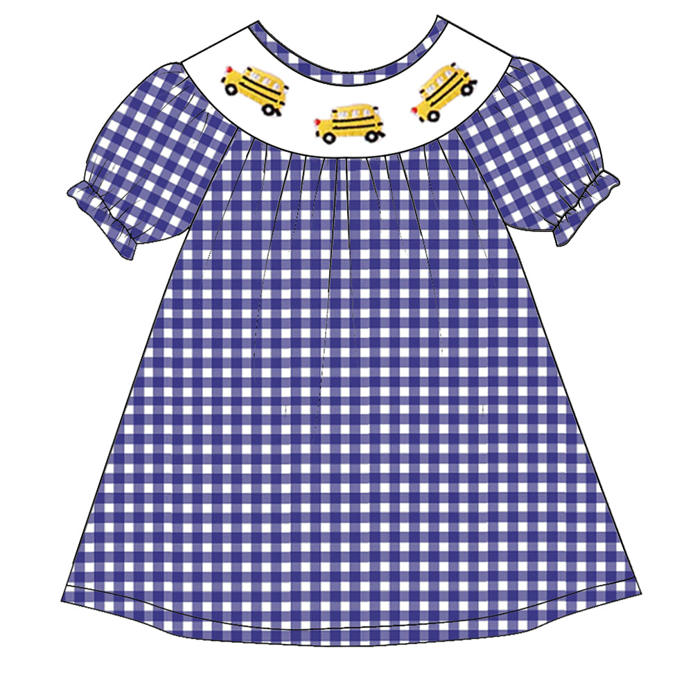 （Pre Order）Girls Blue Plaid Back To School Embroidery Smocked Dress