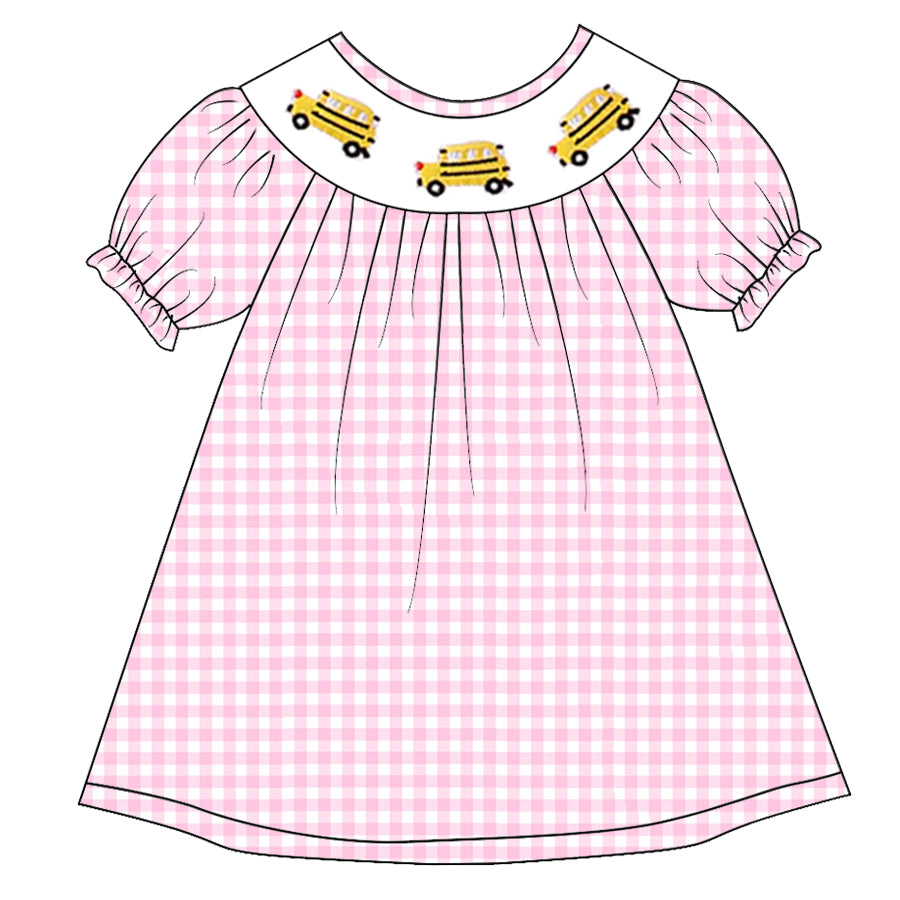 （Pre Order）Girls Pink Plaid Back To School Embroidery Smocked Dress