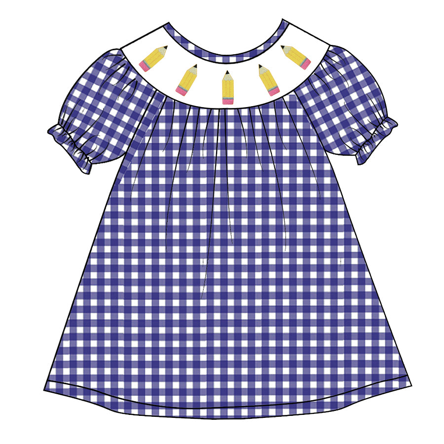 （Pre Order）Girls Blue Plaid Back To School Embroidery Smocked Dress