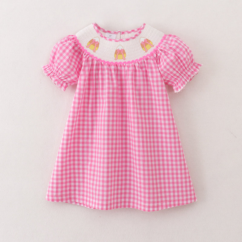 （Pre Order）Girls Pink Plaid Halloween Embroidery Smocked Dress