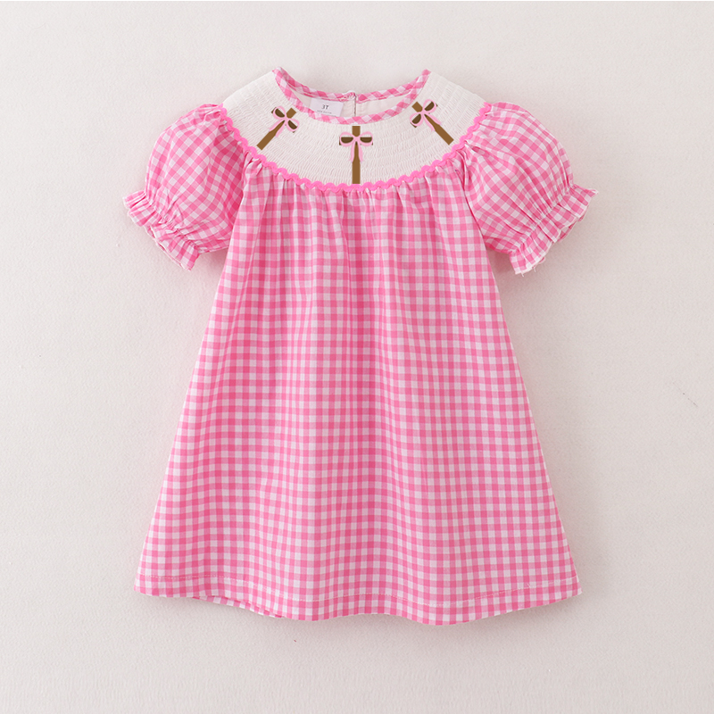 （Pre Order）Girls Pink Plaid Christmas Embroidery Smocked Dress