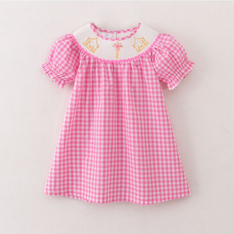 （Pre Order）Girls Pink Plaid Christmas Embroidery Smocked Dress