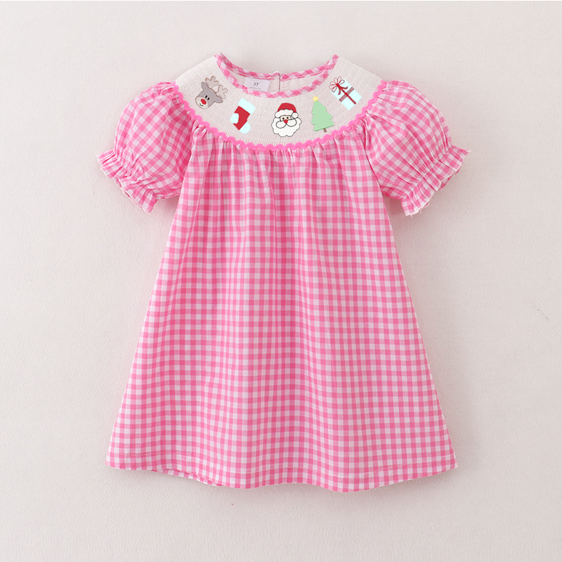 （Pre Order）Girls Pink Plaid Christmas Embroidery Smocked Dress