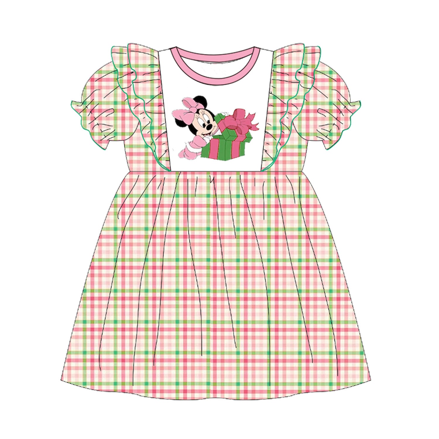 （Pre Order）Girls Christmas Cartoon Print Plaid Dress