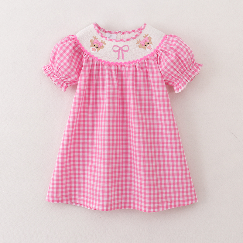 （Pre Order）Girls Pink Plaid Christmas Embroidery Smocked Dress