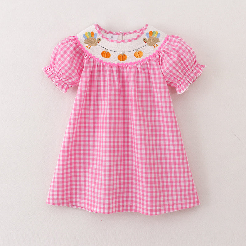 （Pre Order）Girls Pink Plaid Thanksgiving Embroidery Smocked Dress