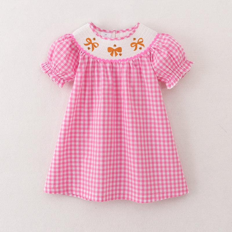 （Pre Order）Girls Pink Plaid Thanksgiving Embroidery Smocked Dress