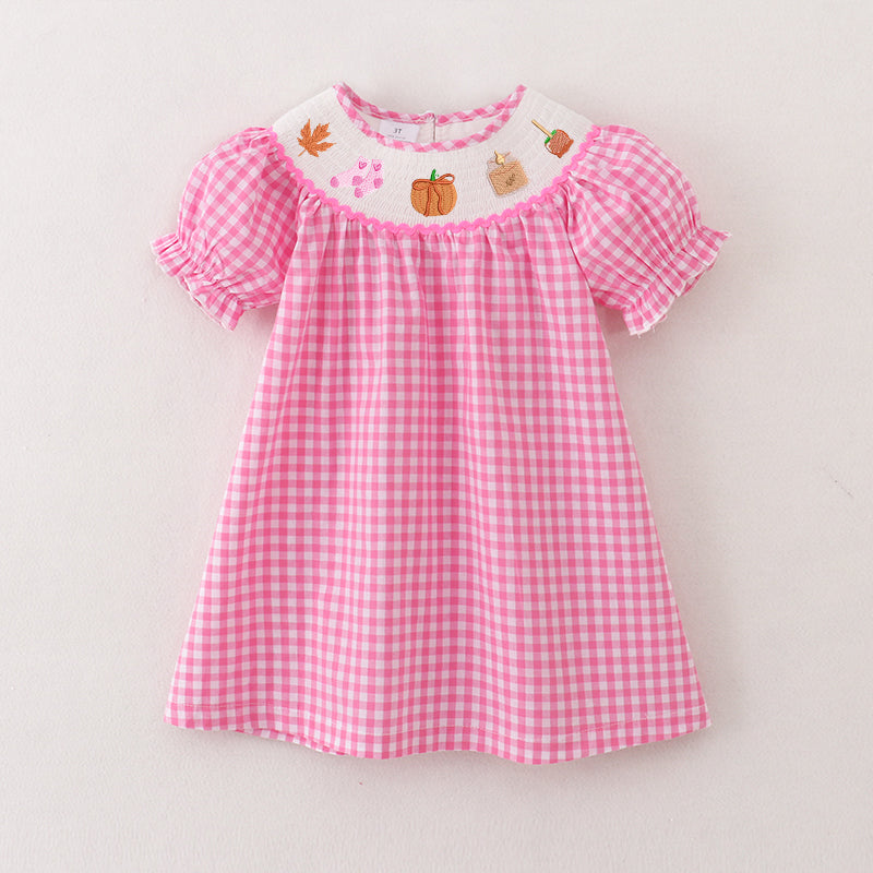 （Pre Order）Girls Pink Plaid Thanksgiving Embroidery Smocked Dress