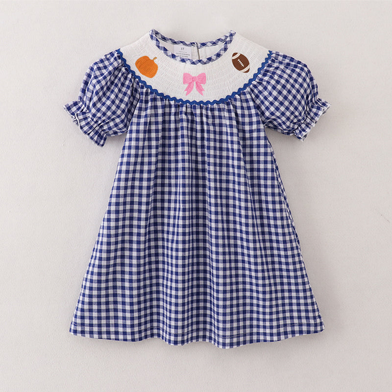 （Pre Order）Girls Blue Plaid Thanksgiving Embroidery Smocked Dress