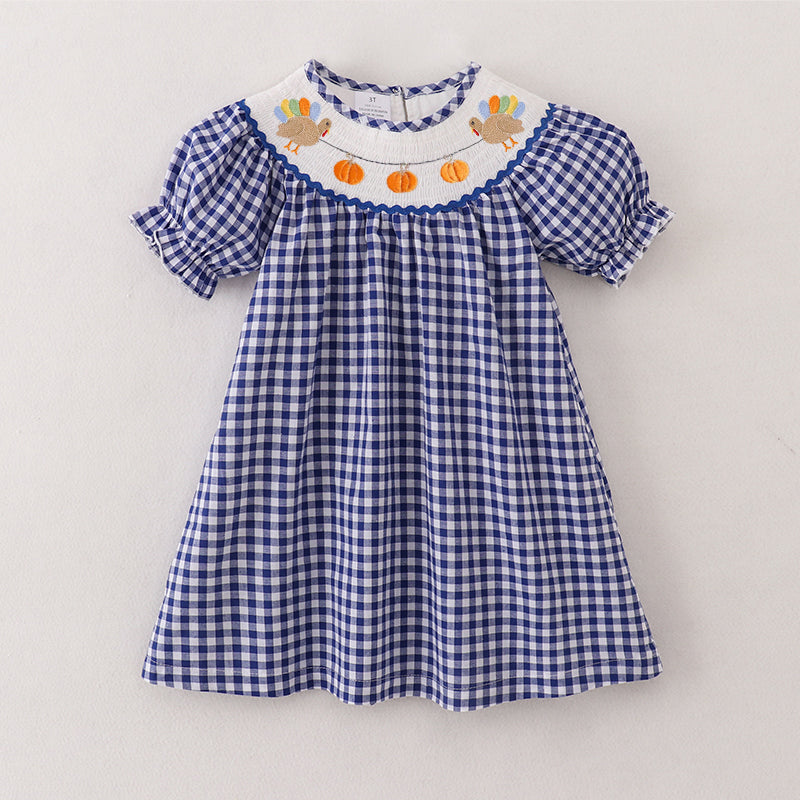 （Pre Order）Girls Blue Plaid Thanksgiving Embroidery Smocked Dress