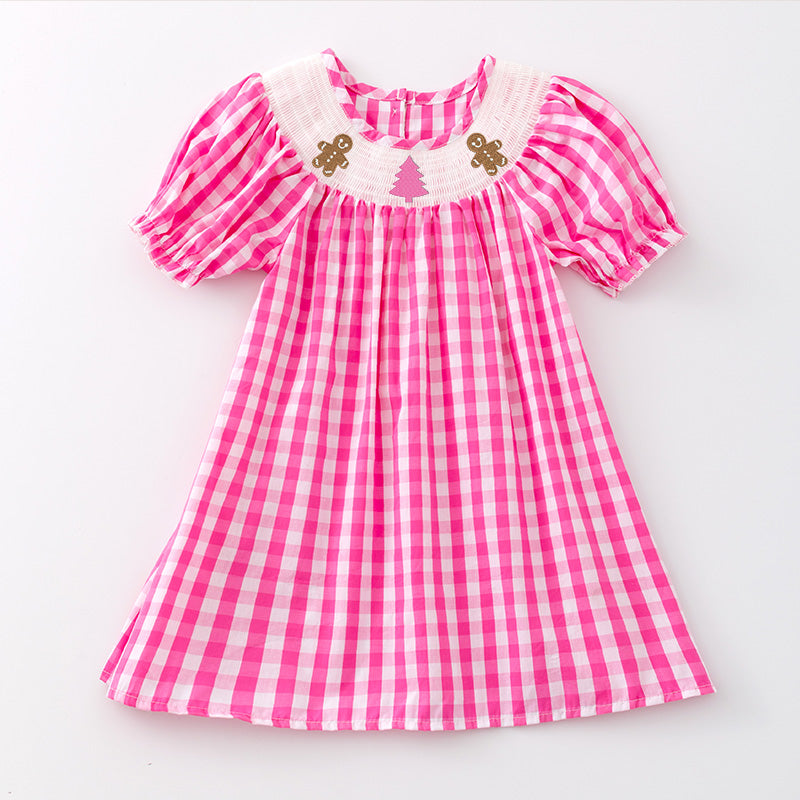 （Pre Order）Girls Pink Plaid Christmas Embroidery Smocked Dress