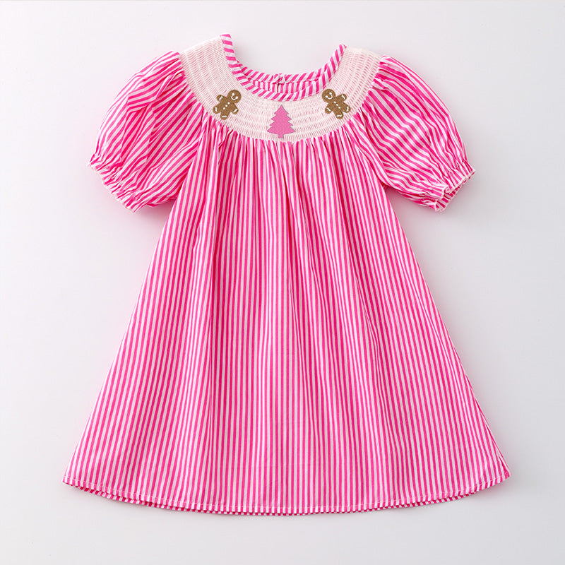 （Pre Order）Girls Pink Stripe Christmas Embroidery Smocked Dress