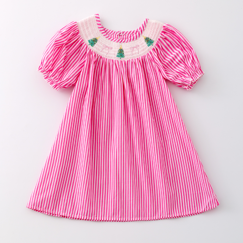 （Pre Order）Girls Pink Stripe Christmas Embroidery Smocked Dress