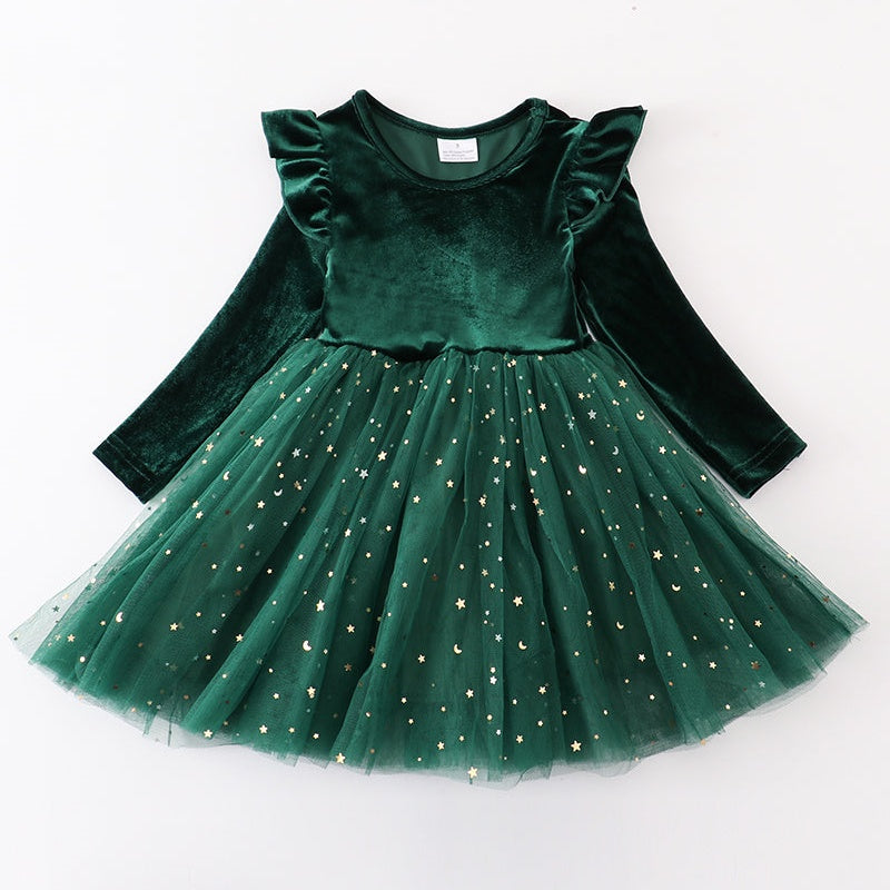 （In Stock L29-05-03）Girls Christmas Green Velvet Tulle Dress