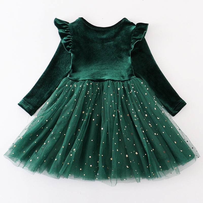 （In Stock L29-05-03）Girls Christmas Green Velvet Tulle Dress