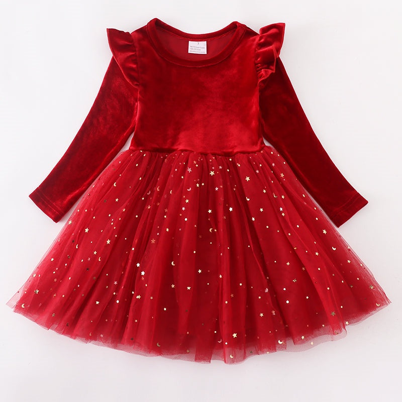 （In Stock L36-05-02）Girls Red Velvet Tulle Dress