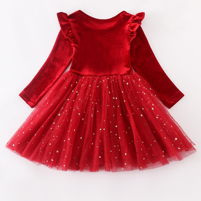 （In Stock L36-05-02）Girls Red Velvet Tulle Dress