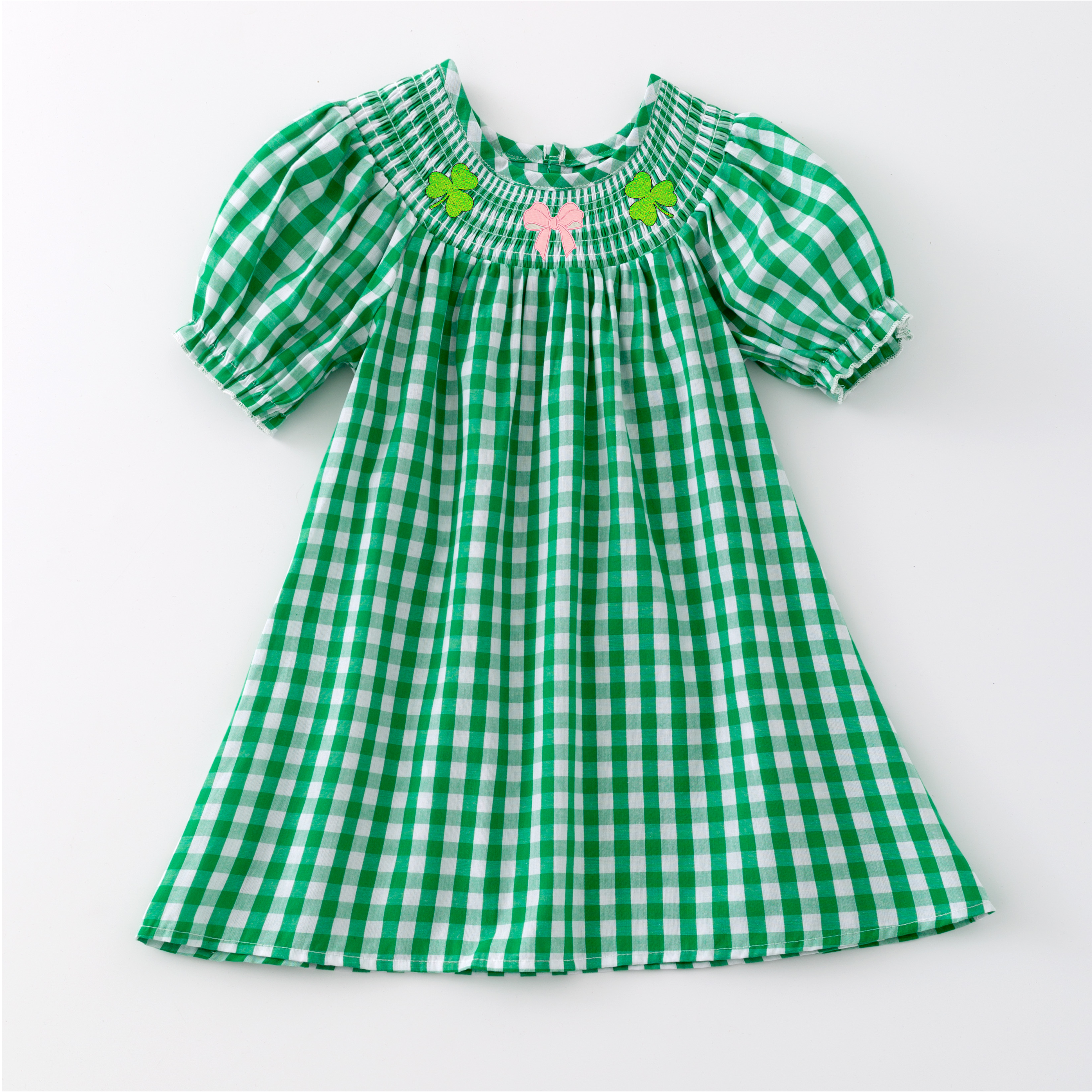 （Pre Order）St. Patrick's Day Shamrock Embroidery Smocked Romper Dress Outfit Set