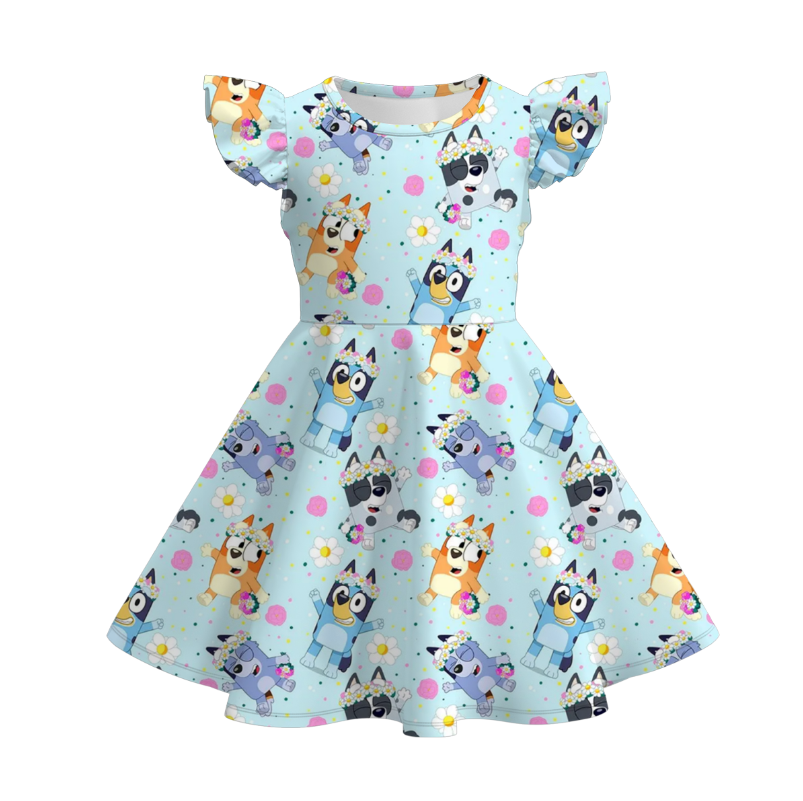 （Pre Order）Girls Spring and Summer Cartoon Print Flying Sleeves Dress