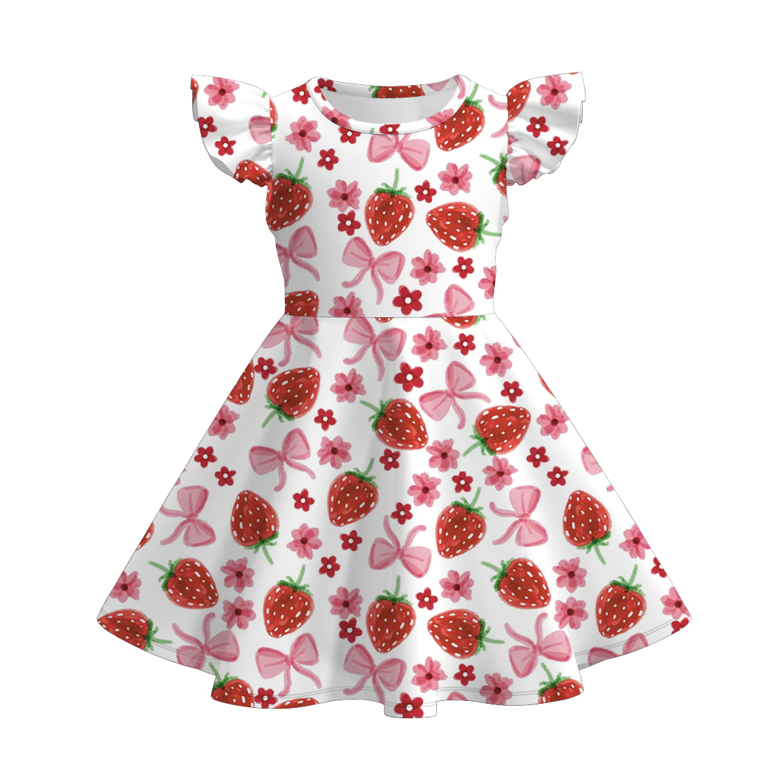 （Pre Order）Girls Spring and Summer Strawberry Print Flying Sleeves Dress