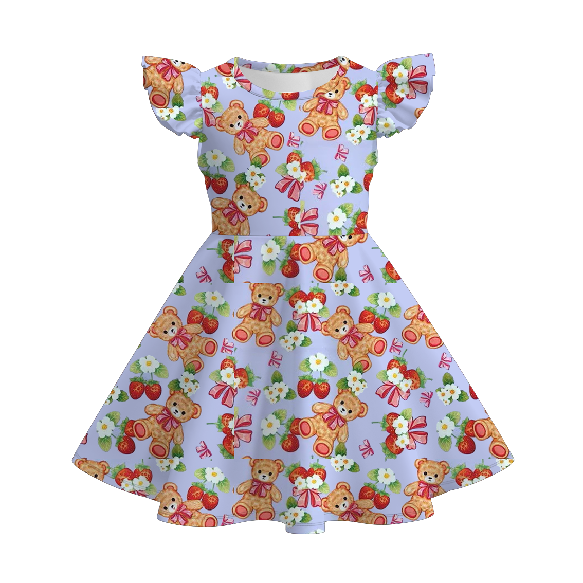 （Pre Order）Girls Spring and Summer Strawberry Print Flying Sleeves Dress