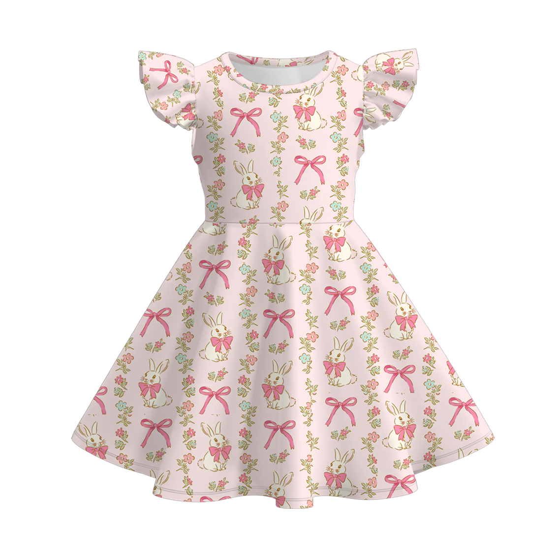 （Pre Order）Girls Easter Bunny Print Flying Sleeves Dress