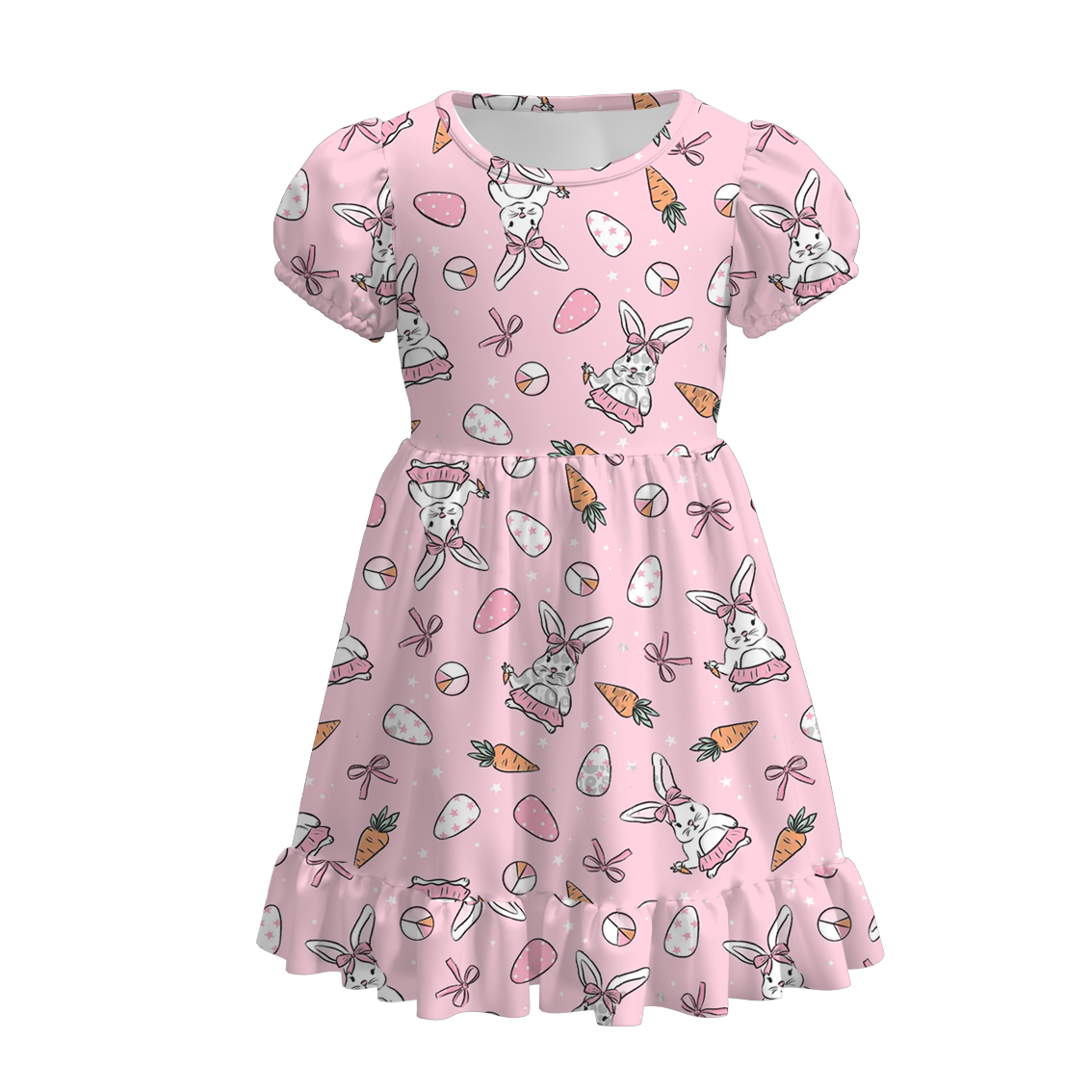 （Pre Order）Girls Easter Bunny Print Puffed Sleeves Dress