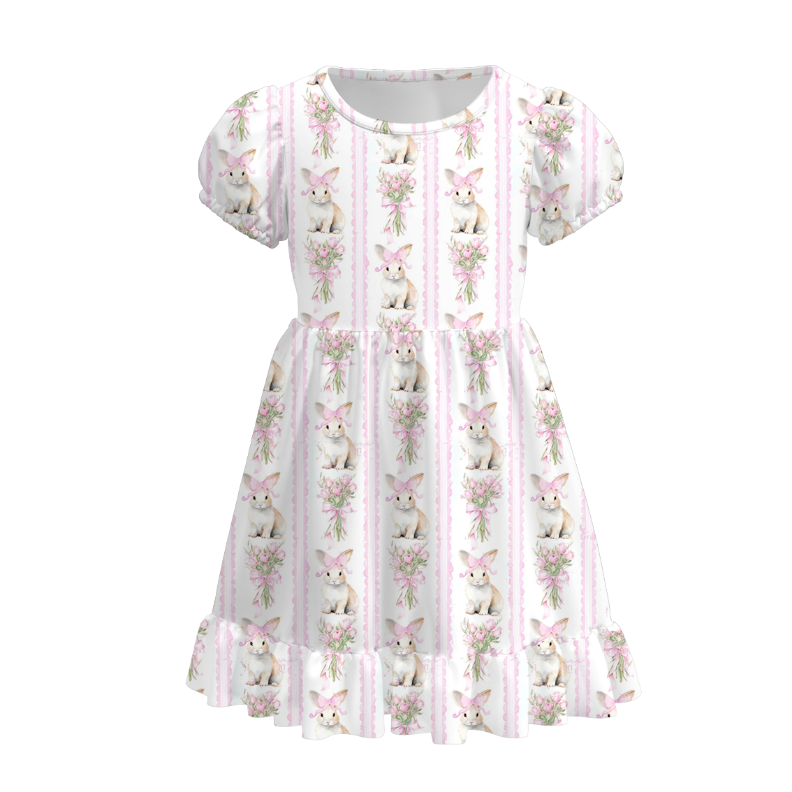 （Pre Order）Girls Easter Bunny Print Puffed Sleeves Dress