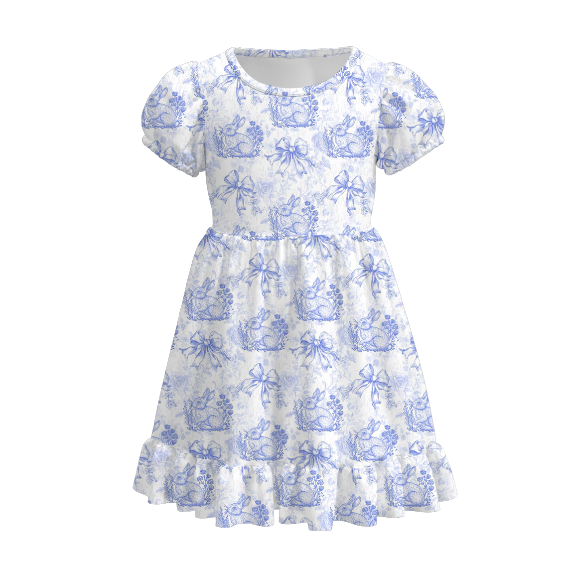 （Pre Order）Girls Easter Bunny Print Puffed Sleeves Dress