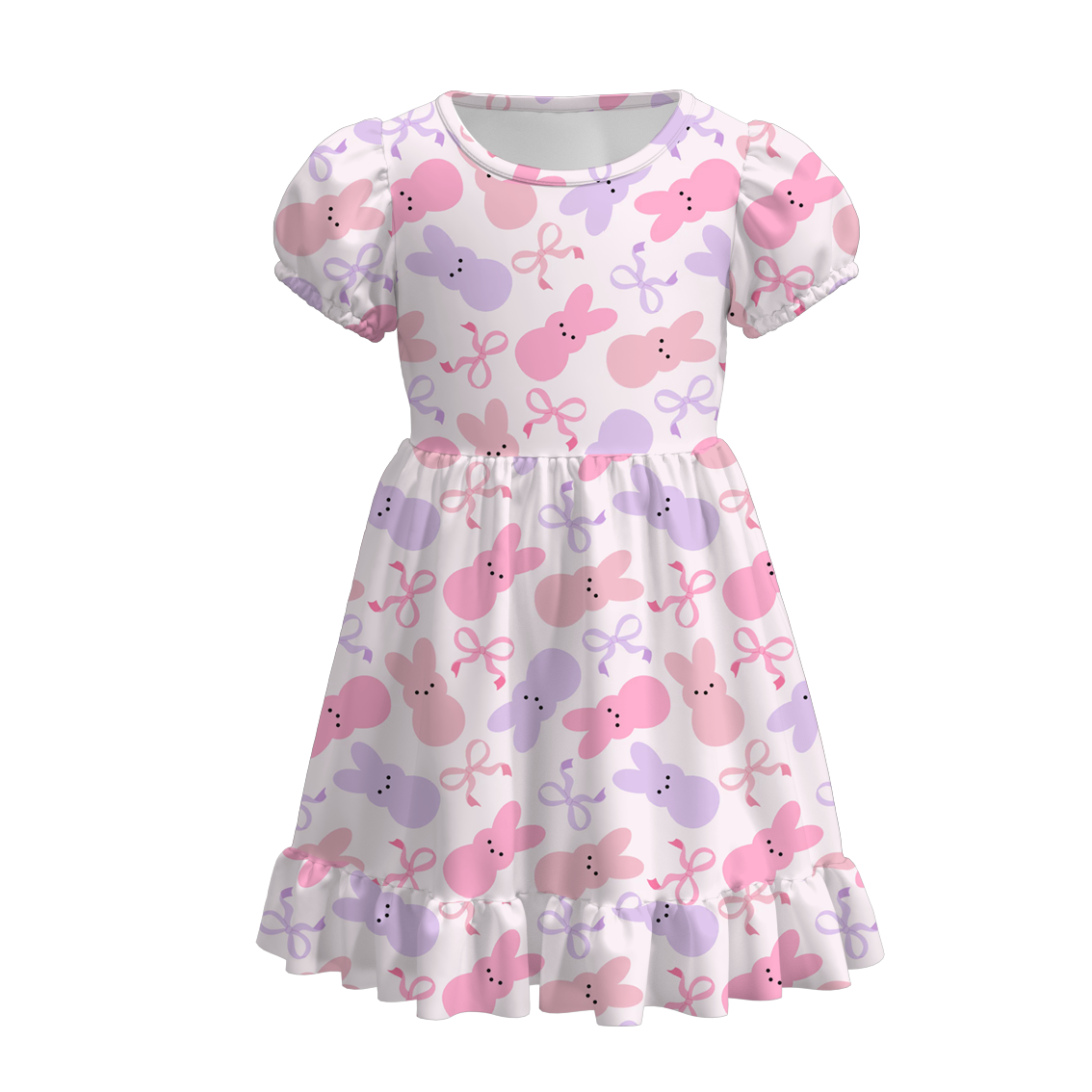 （Pre Order）Girls Easter Bunny Print Puffed Sleeves Dress