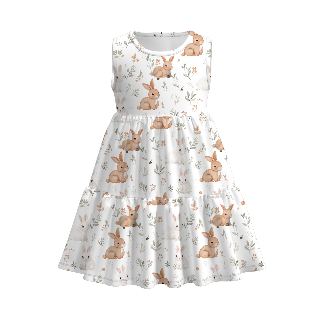 （Pre Order）Girls Easter Bunny Print Pleated Sleeveless Dress