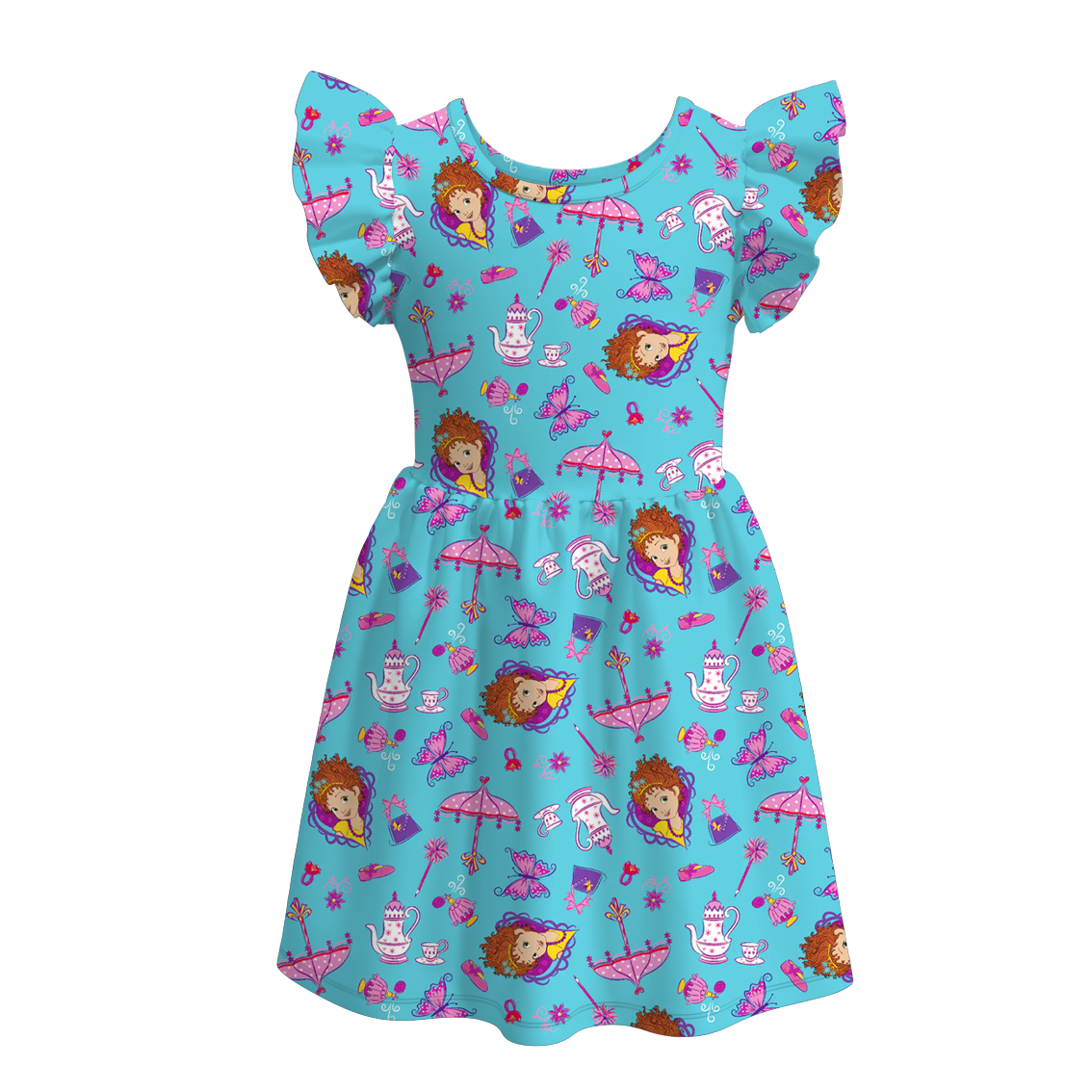 （Pre Order）Girls Spring and Summer Cartoon Character Print Flying Sleeves Dress