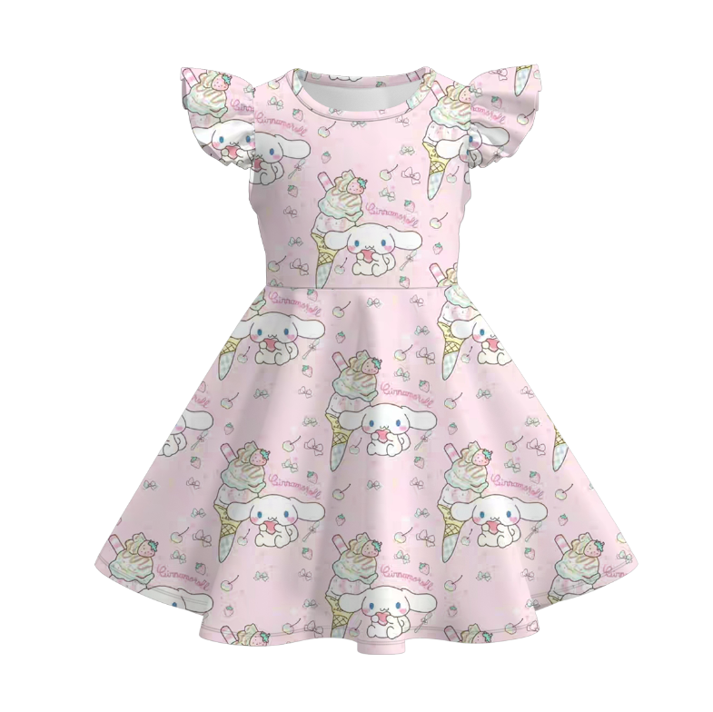 （Pre Order）Girls Spring and Summer Cartoon Print Flying Sleeves Dress