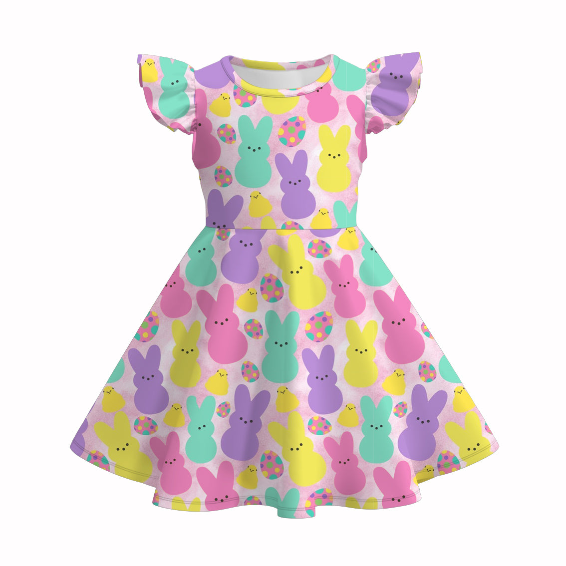 （Pre Order）Girls Easter Bunny Print Flying Sleeves Dress