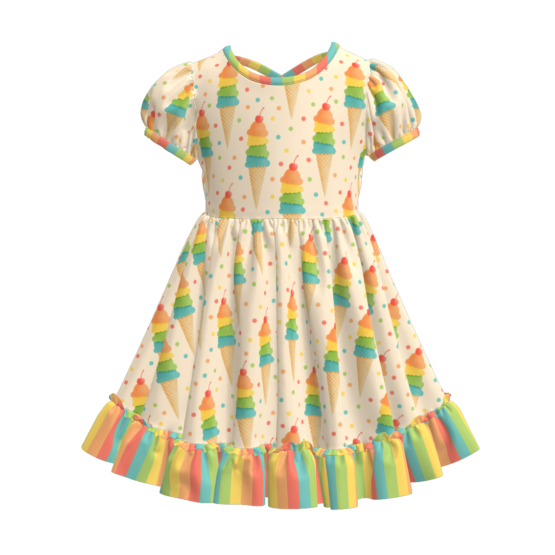 （Pre Order）Girls Spring and Summer Fruit＆Bow Print Dress