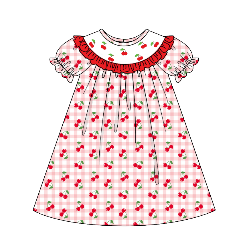 （Pre Order）Mommy and Me Spring＆Summer Cherry Embroidery Smocked Dress,Romper