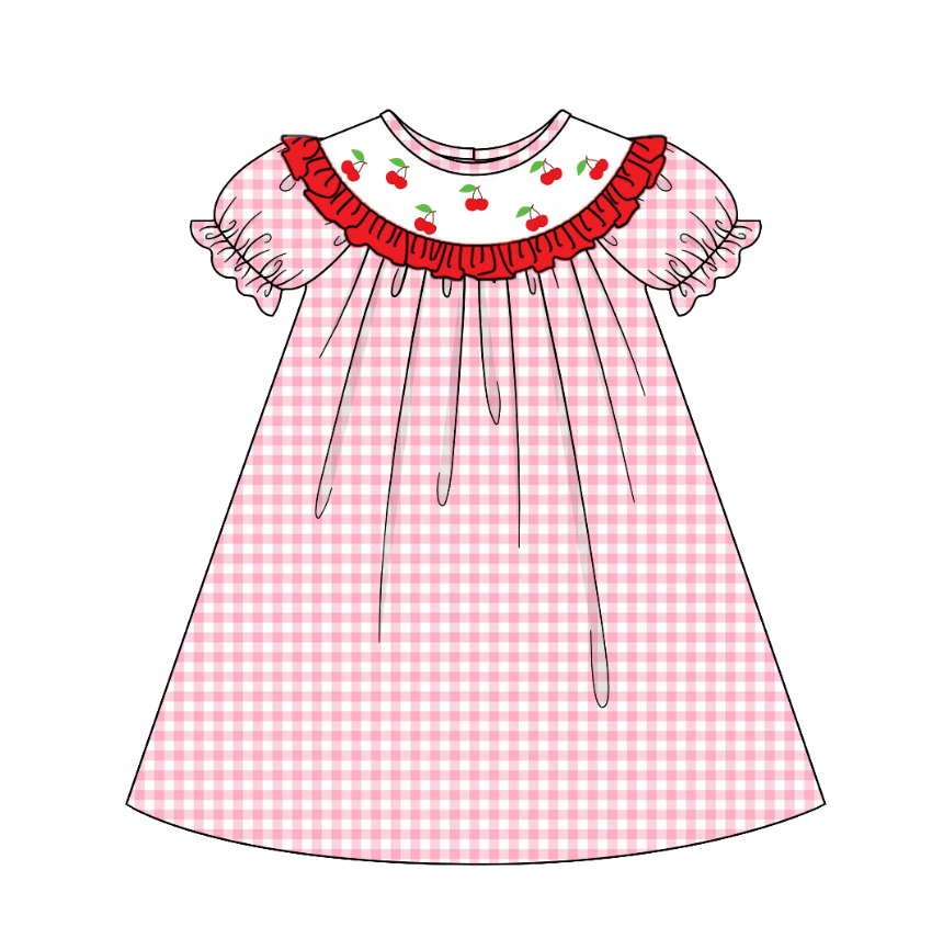 （Pre Order）Mommy and Me Spring＆Summer Cherry Embroidery Smocked Dress,Romper