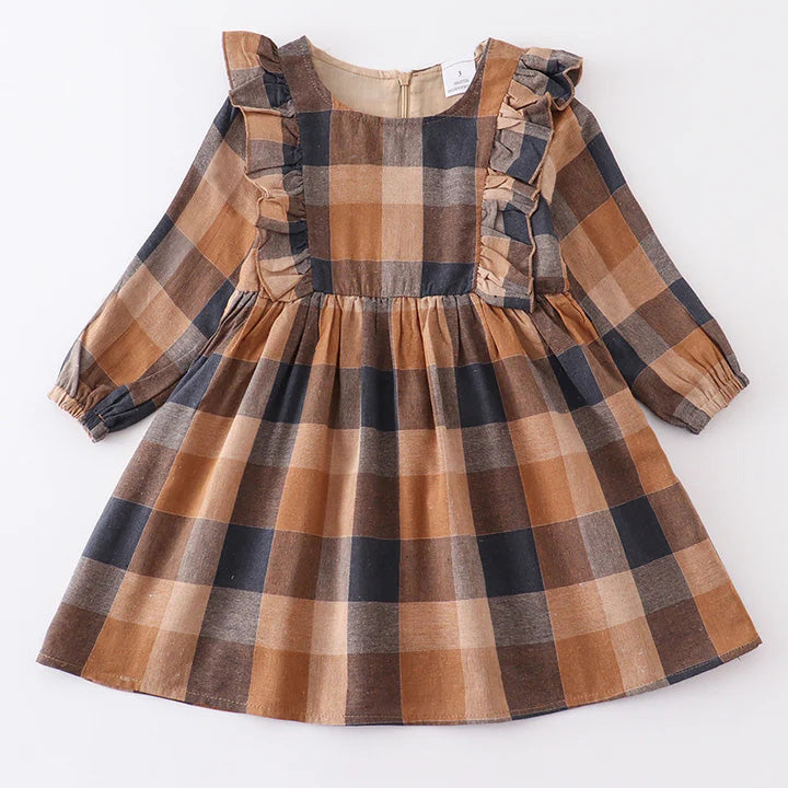 （In Stock E37-04-01）Girls Fall Plaid Cotton Dress