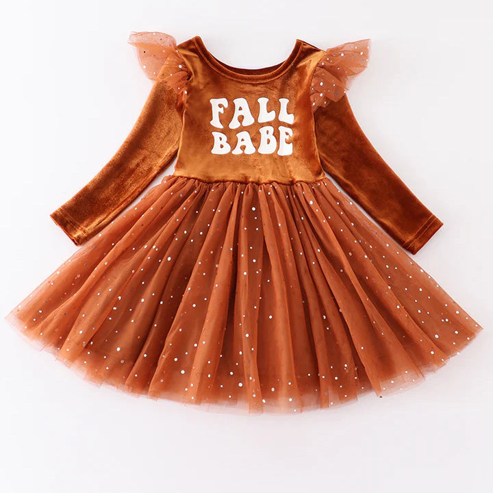 （In Stock E21-1-1）Fall Girls Brown Velvet Gauze Dress