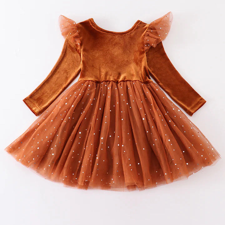 （In Stock E21-1-1）Fall Girls Brown Velvet Gauze Dress