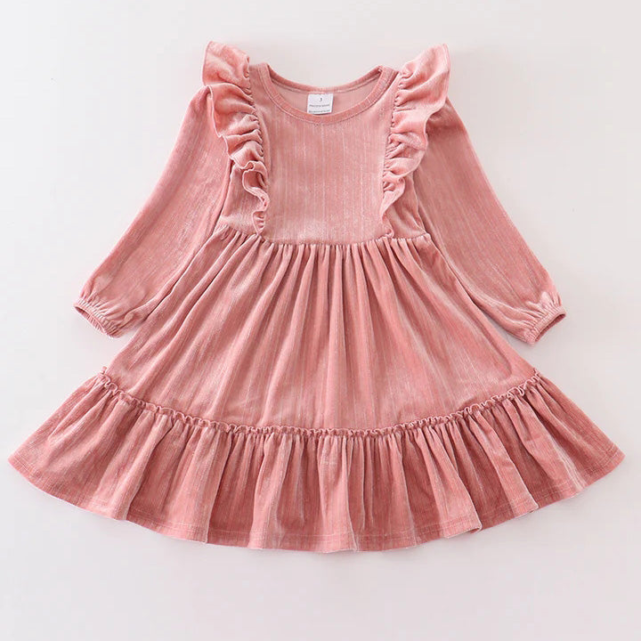 (In Stock E02-03-03)Girls Velvet Pink Ruffles Dress