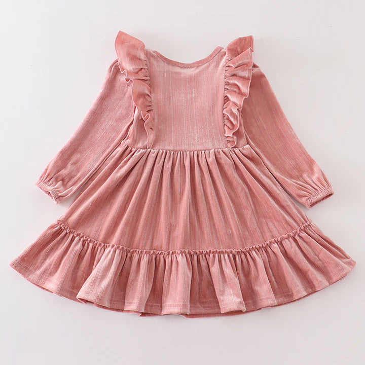 (In Stock E02-03-03)Girls Velvet Pink Ruffles Dress