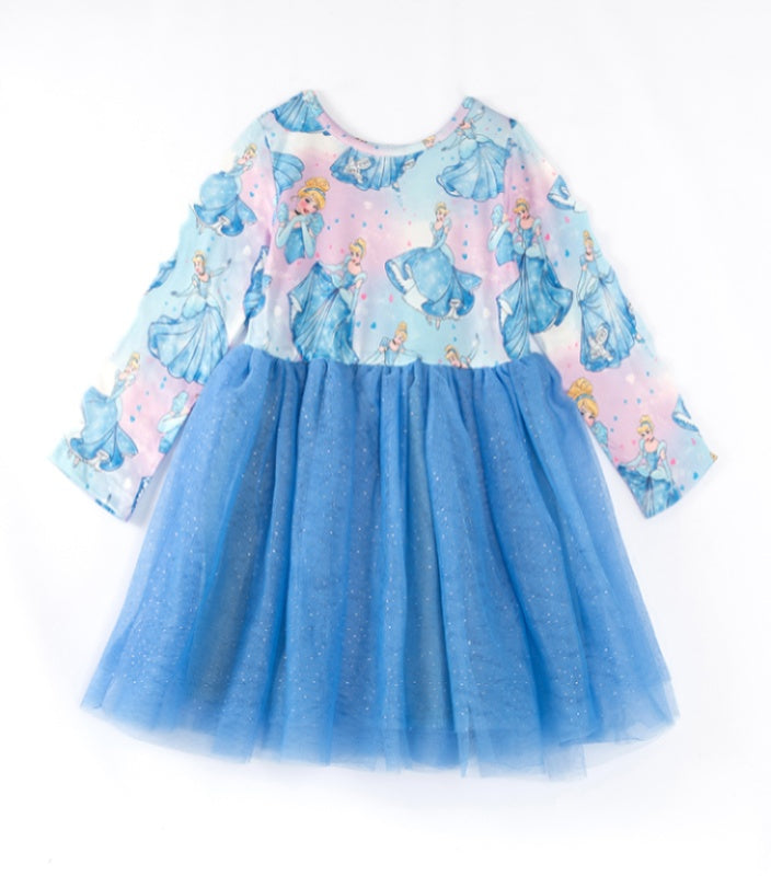 (In Stock E04-01-02)Girls Blue Princess Print Tulle Dress