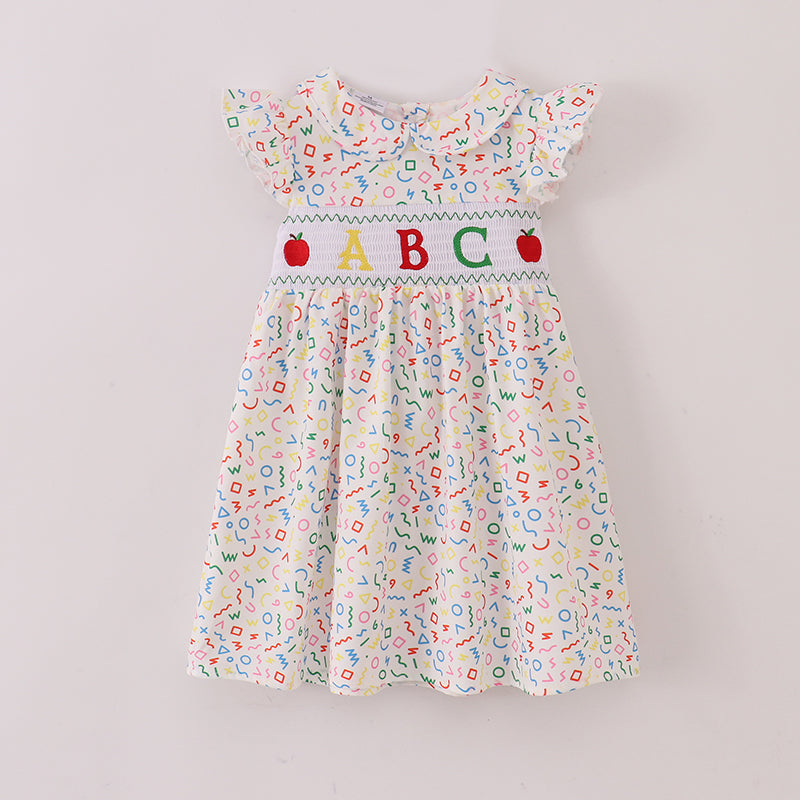 (In Stock E10-05-03)Back To School ABC Apple Embroidery Smocked Dress