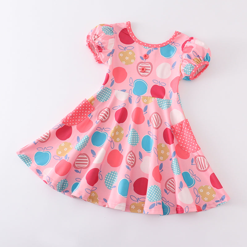 (In Stock E10-03-02)Girls Pink Apple Print Dress