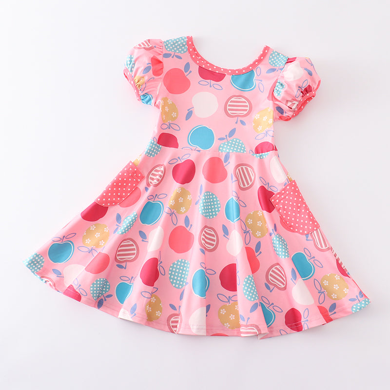 (In Stock E10-03-02)Girls Pink Apple Print Dress